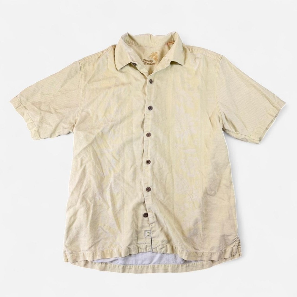 Tommy Bahama Silk Beige Floral Textured Hawaiian Shirt Size M